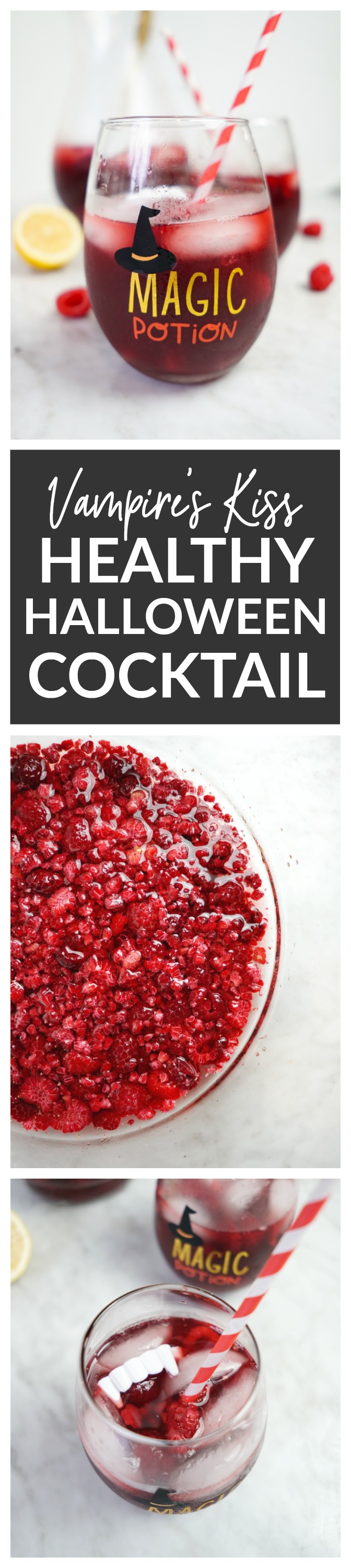 Vampire's Kiss Healthy Halloween Cocktail Recipe - made with frozen raspberries and fresh pomegranate juice